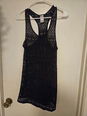Malibu Black Lace Crochet Racerback Swimsuit Cover Up Tunic Tank